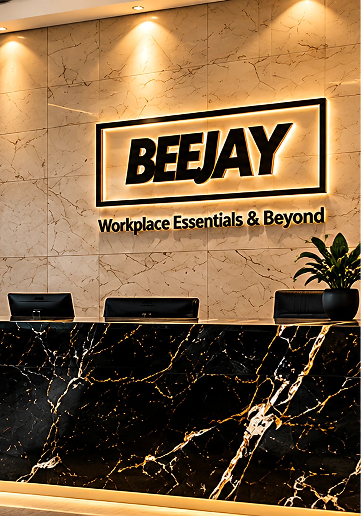 Bee Jay Trading Enterprise reception with illuminated BEEJAY sign and marble desk