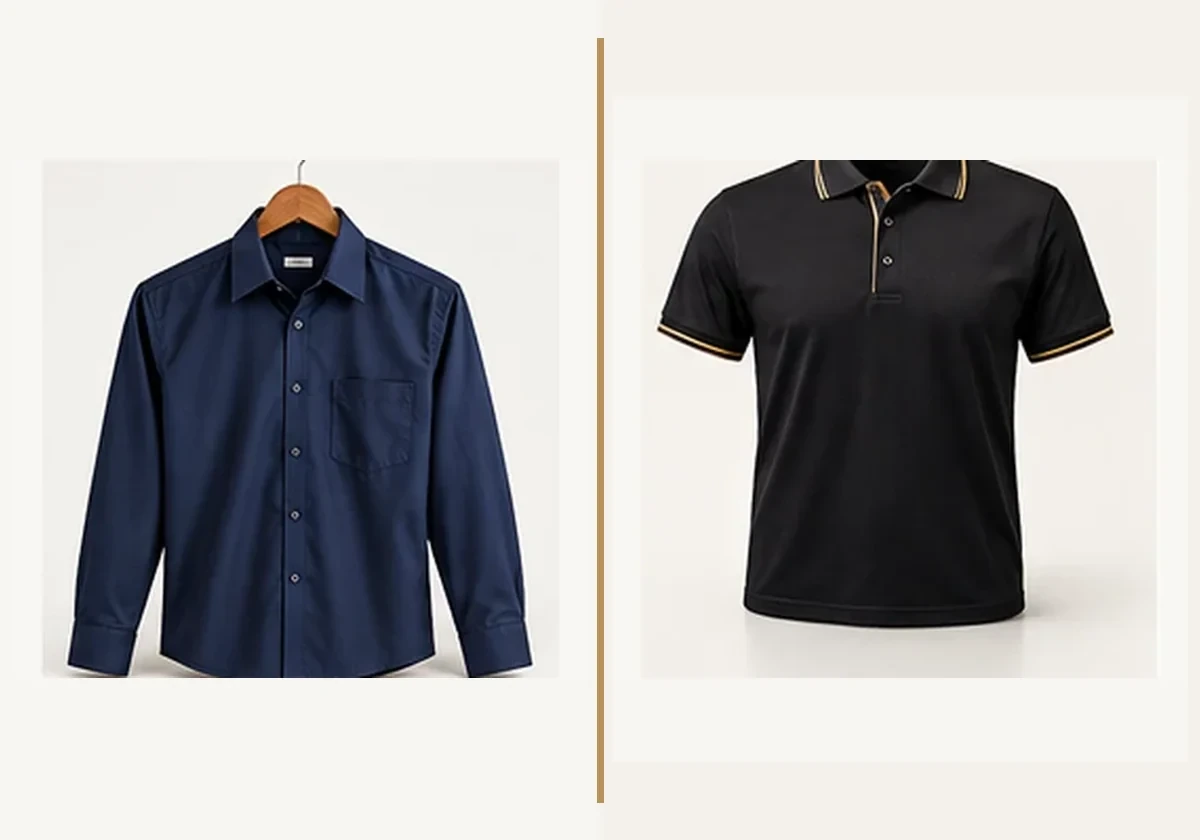 Corporate button-up shirt and golf shirt available for Bee Jay corporate sourcing